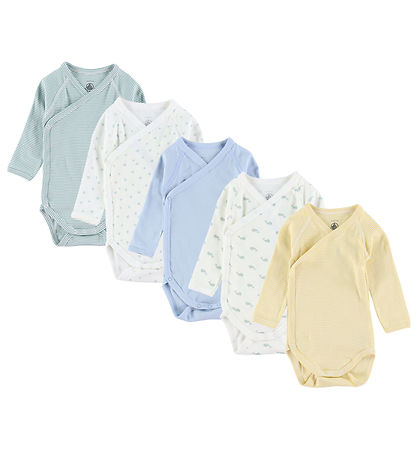 Petit Bateau Slå-om Body l/æ - 5-pak - Hvid/Bl?/ Grøn/Gul