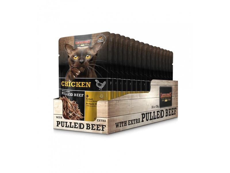 Leonardo Cat Food Nassfutter Huhn & Pulled Beef, 16 x 70 g Alleinfutter für ausgewachsene Katzen