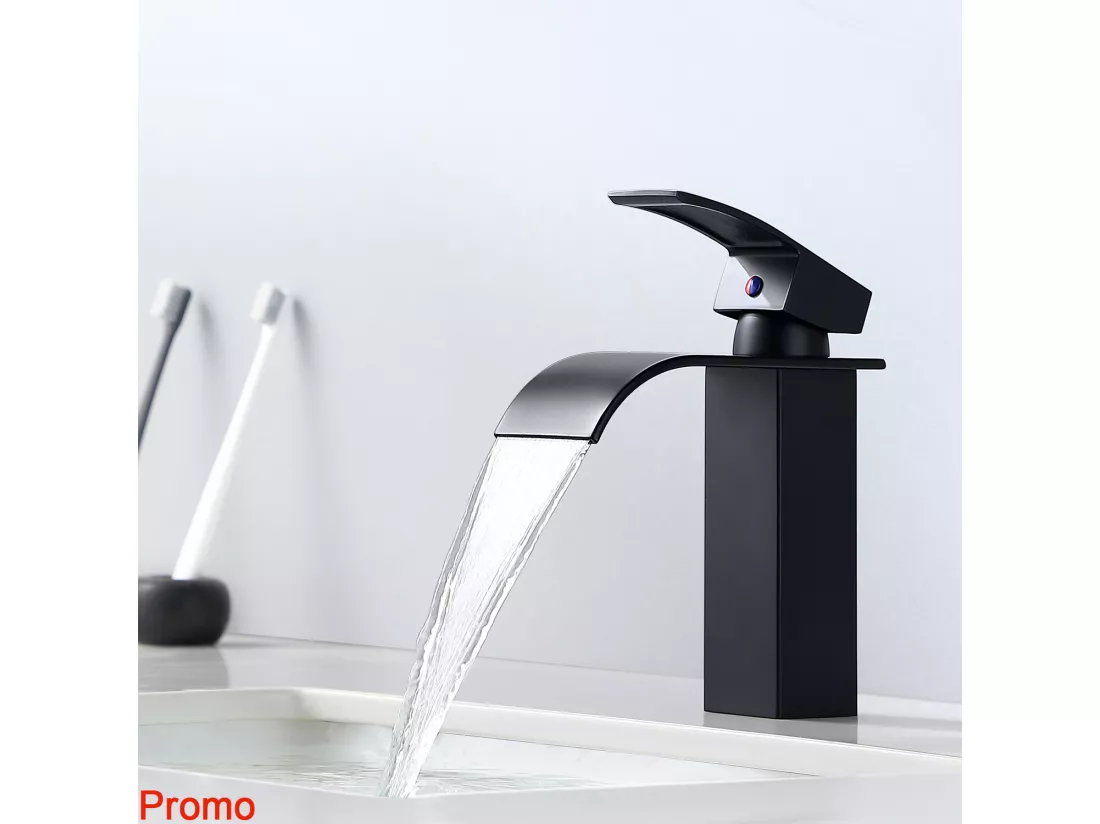 Mitigeur Robinet de Lavabo Cascade Noir Moderne Mitigeur Robinet Salle Bain pour Vasque à Poser Robinetterie Convient pour un Lavabo Encastré