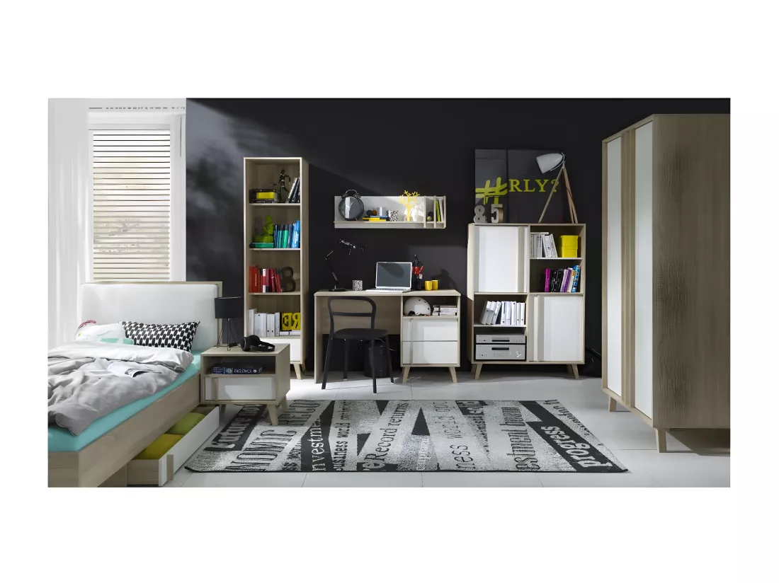Lit enfant 90x200 avec tiroir de rangement MALMO – Coloris chêne clair et blanc