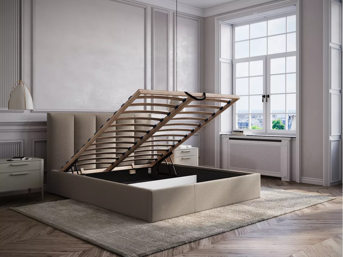 Lit coffre 140 x 190 cm avec tête de lit coutures verticales - Tissu - Taupe - KILACLO