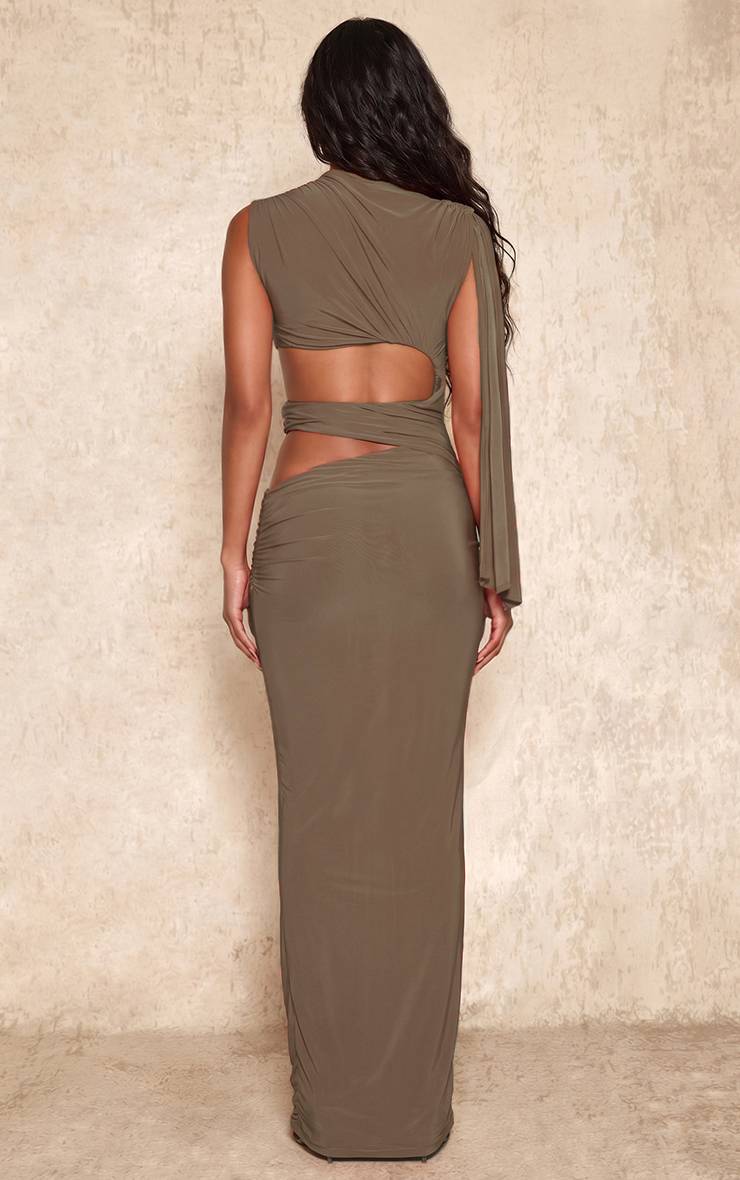 Kaki Robe Longue En Jersey Slinky Double Couche Avec Découpes Et Détail Noué
