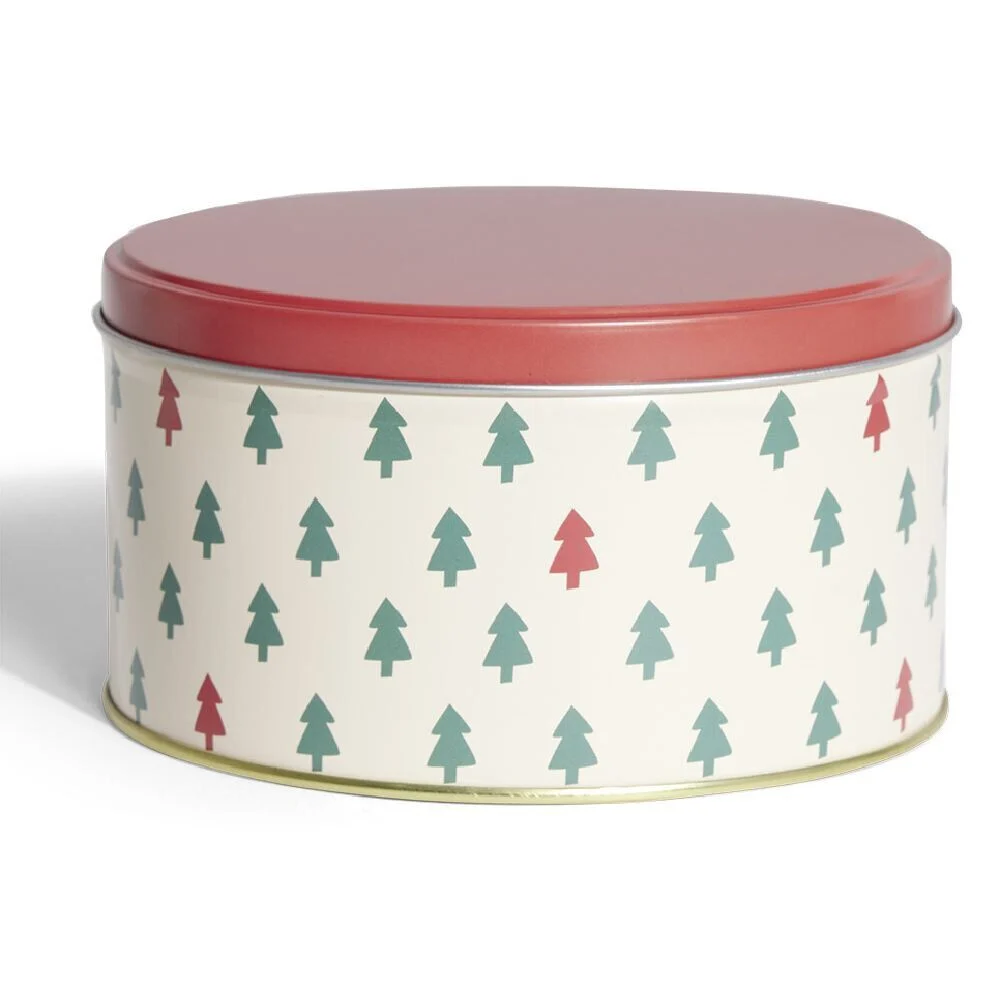 Boîte ronde en métal Ø13,5cm motif sapin vert et rouge