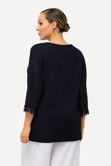 Pullover, Lochmuster, Rundhals, Fransen, 3/4-Arm