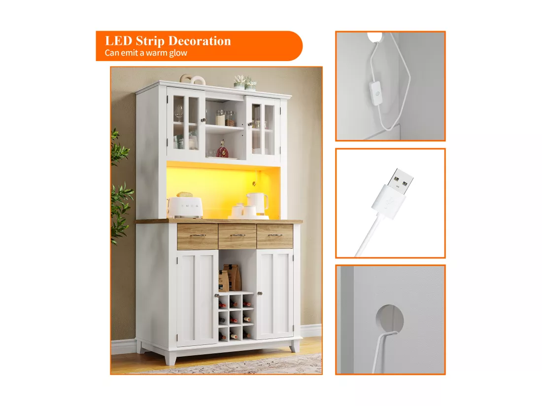Vitrine、Buffet de cuisine avec LED - H 180cm - grand espace de rangement - Blanc & Naturel