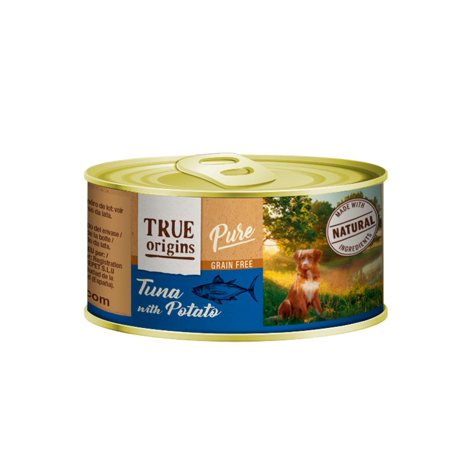 Lata de 185g de atum puro e batata True Origins para cães
