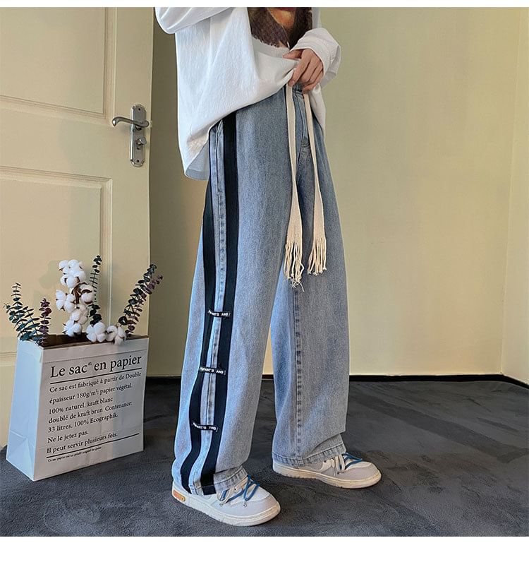 Cowpow - Mid Rise Lettering Striped Washed Wide Leg Jeans