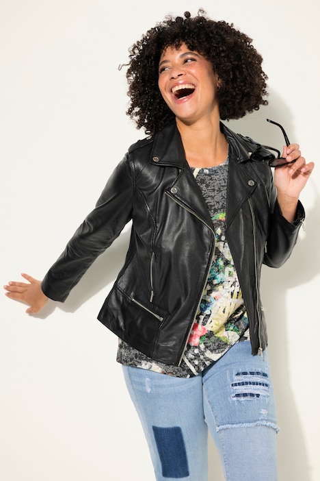 Leder-Bikerjacke, Kragen mit Druckknöpfen, Metallzipper