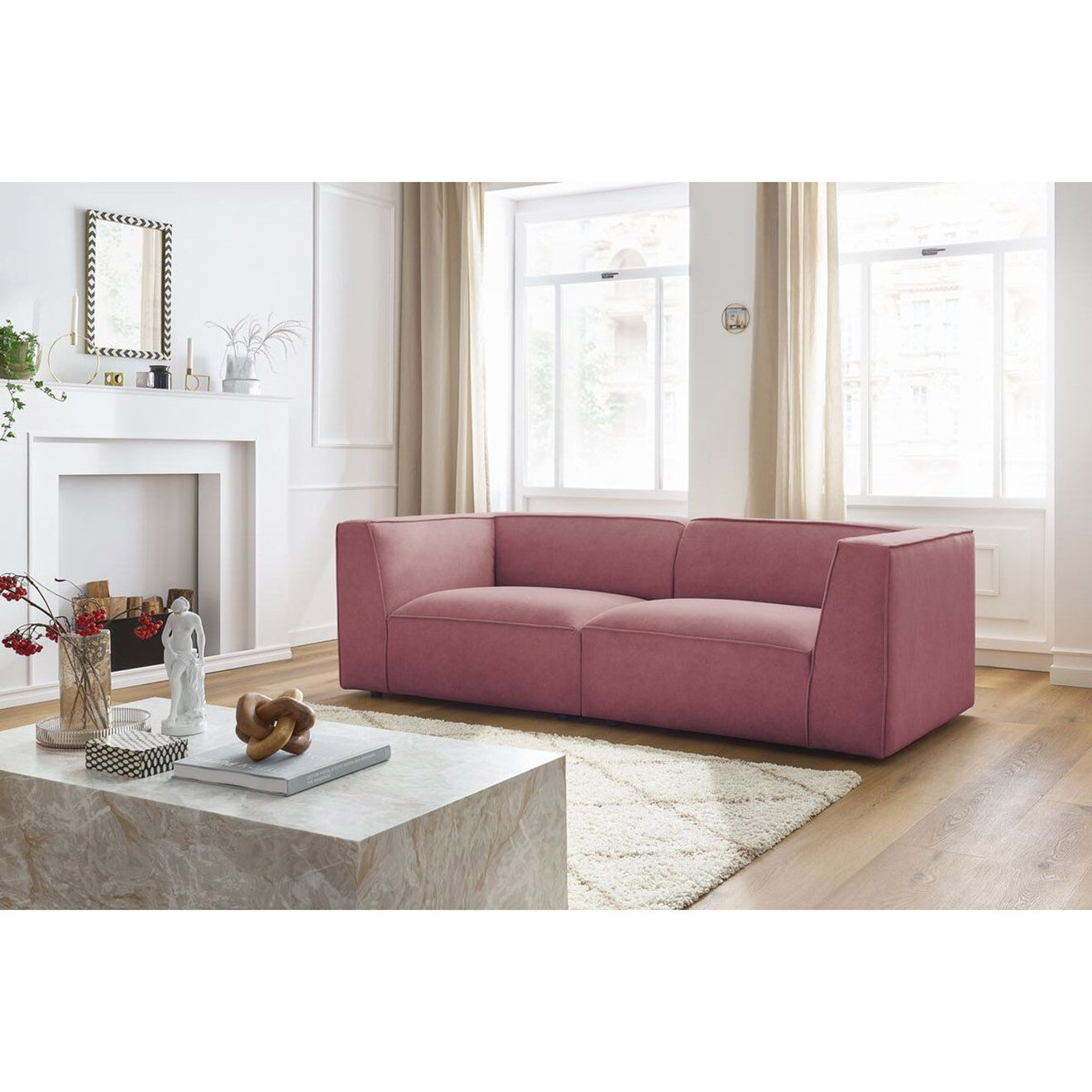 Bobochic Canapé droit fixe 3 places en Velours Molière rose - 233x99x71 cm