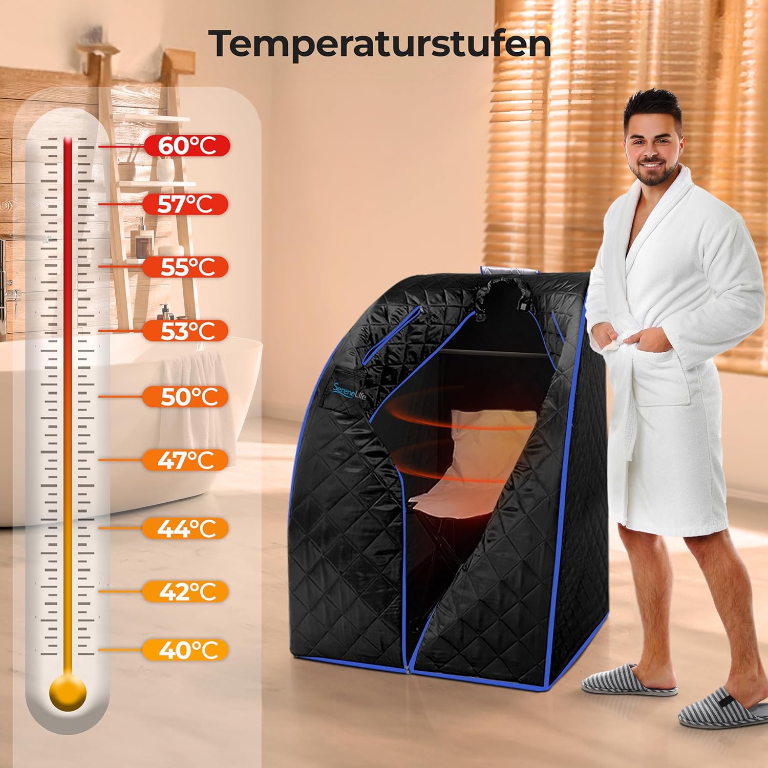 SereneLife Dampfsauna Zelt Schwarz 84×80×103 cm – Tragbare Heimsauna mit Stuhl und Heizmatte Faltbare Mini Sauna - Mobile Dampfbad Kabine bis 60°C, Carbon-Heizelement und Fernbedienung