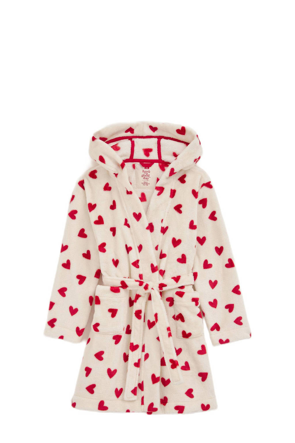 WE Fashion fleece badjas met hartjes print offwhite/rood