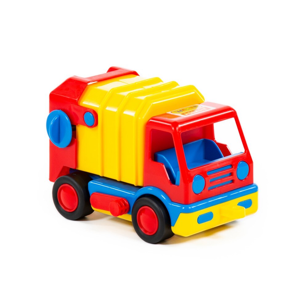 Polesie Spielzeug Müllwagen 9609, Mülltonne, Anhängerkupplung, Aufbau kippbar gelb