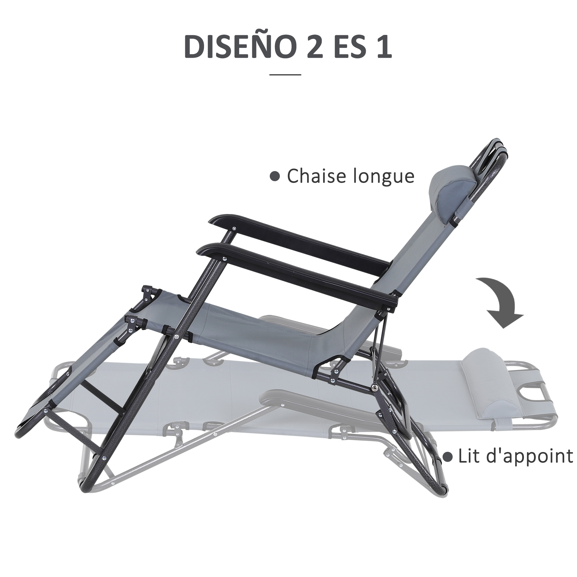 Espreguiçadeira reclinável e dobrável Outsunny para jardim, com encosto ajustável em 2 níveis, apoio de cabeça e bolso, capacidade de carga de 136 kg, 118 x 60 x 80 cm, cinza.