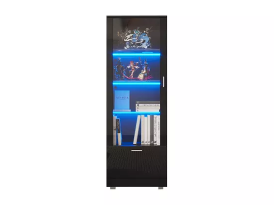 Vitrine avec portes brillantes 3 étagères vitrées en verre éclairées par LED vitrines pour objets de collection armoires à parfum bibliothèques noir