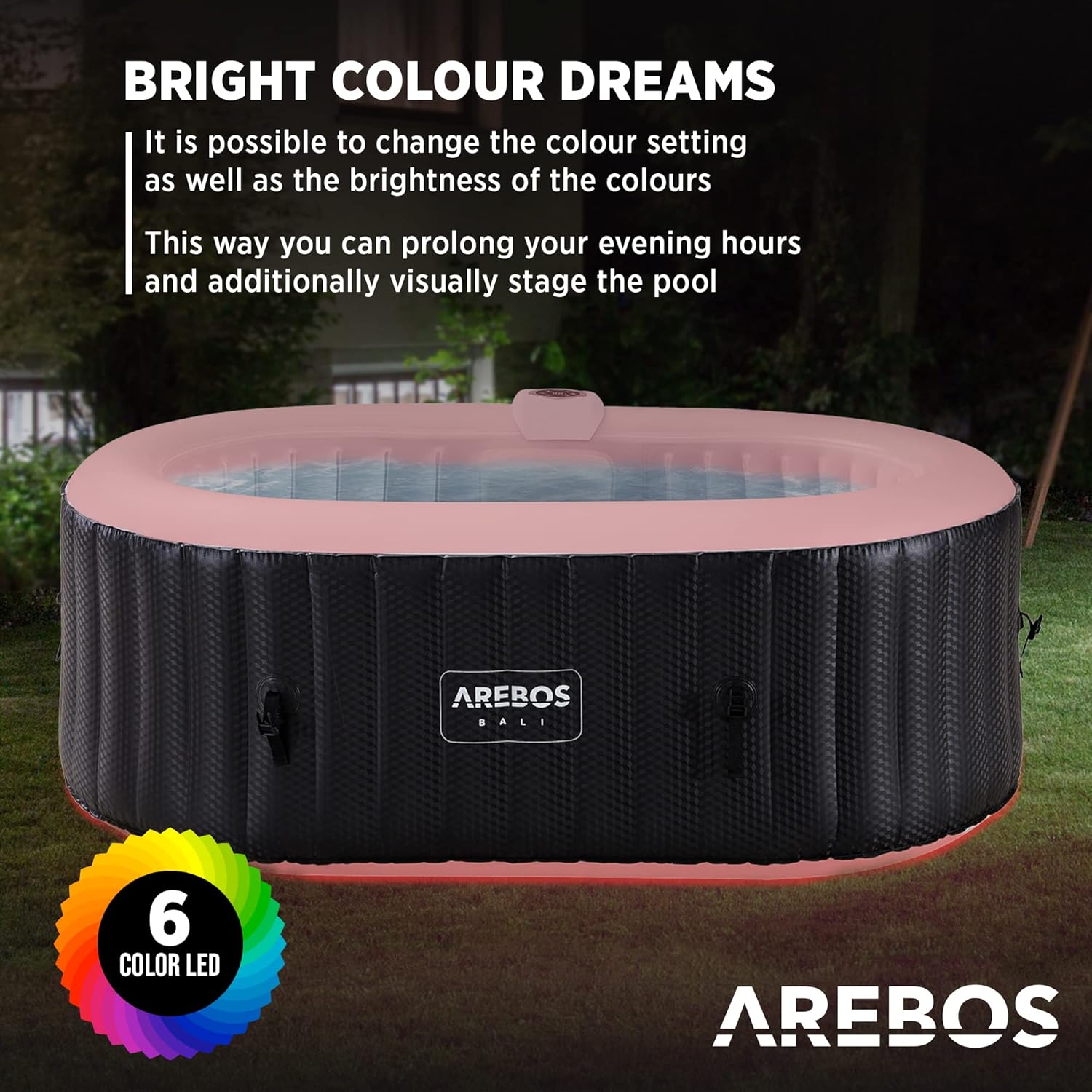 Arebos Whirlpool mit LED Beleuchtung | Aufblasbar | In- & Outdoor | 190x120 cm oval | 2 Personen | 90 Massagedüsen | mit Heizung | 550 Liter | Inkl. Abdeckung | Bubble Spa & Wellness Massage