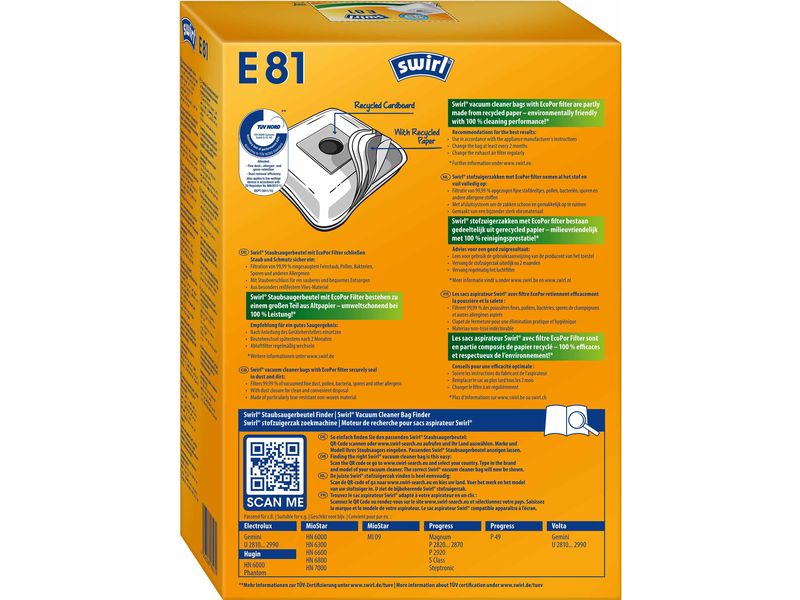 Swirl Staubfilterbeutel E 81 EcoPor 4 Stück Ersatz-Staubbeutel für bestimmte Staubsaugermodelle von Electrolux, Progress und Volta