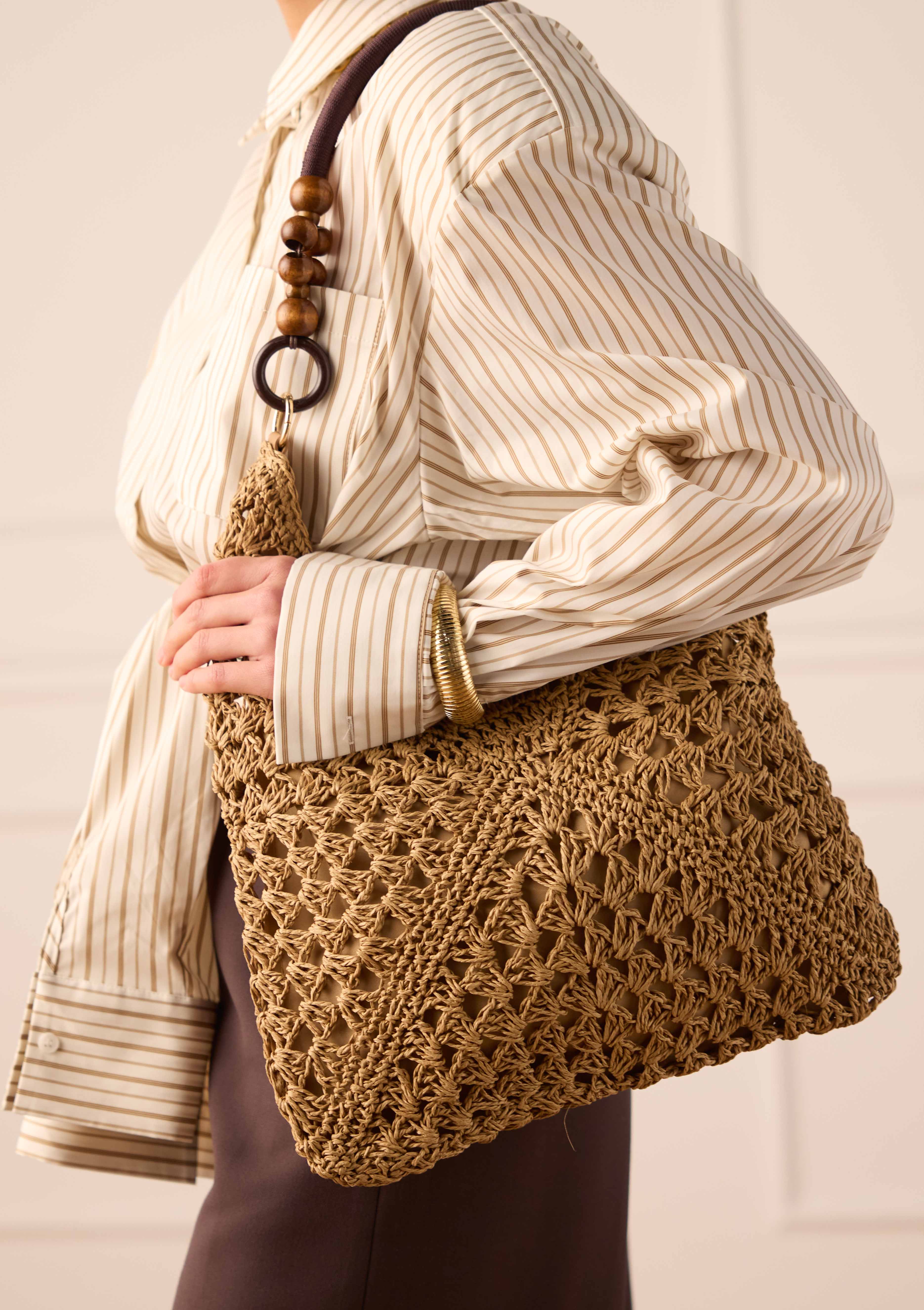 Beige raffia schoudertas