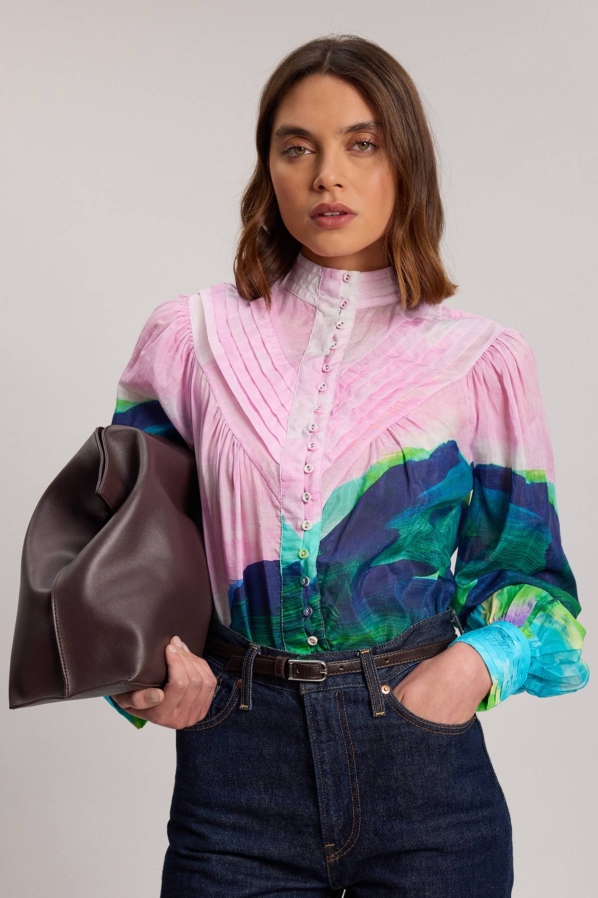 KarenMillen Chemisier En Coton Soie À Imprimé Paysage Avec Manches Ballon Et Plis Nervurés