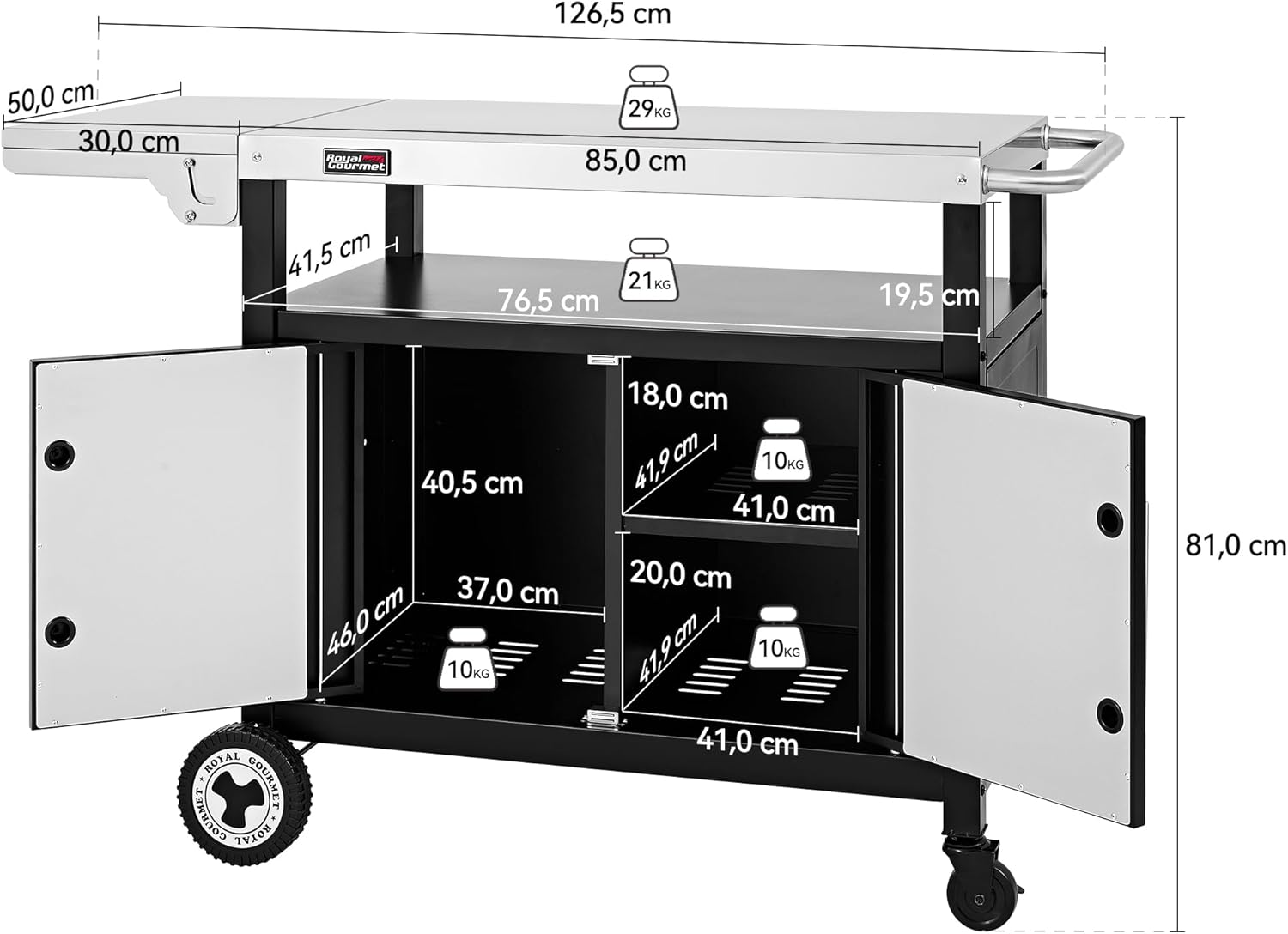 Royal Gourmet Grillwagen mit Klappbarem Seitentisch Grilltisch mit Handtuchgriff, Unterschrank, Grill Trolley mit Edelstahl Tischplatte, Servierwagen mit Rollen