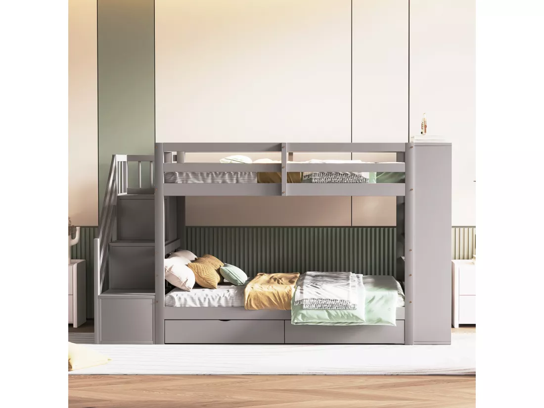 Lit superposé 90x200cm - lit enfant avec 2x sommier à lattes, escalier avec rangement, 2 tiroirs et grands casiers - lit en pin Gris