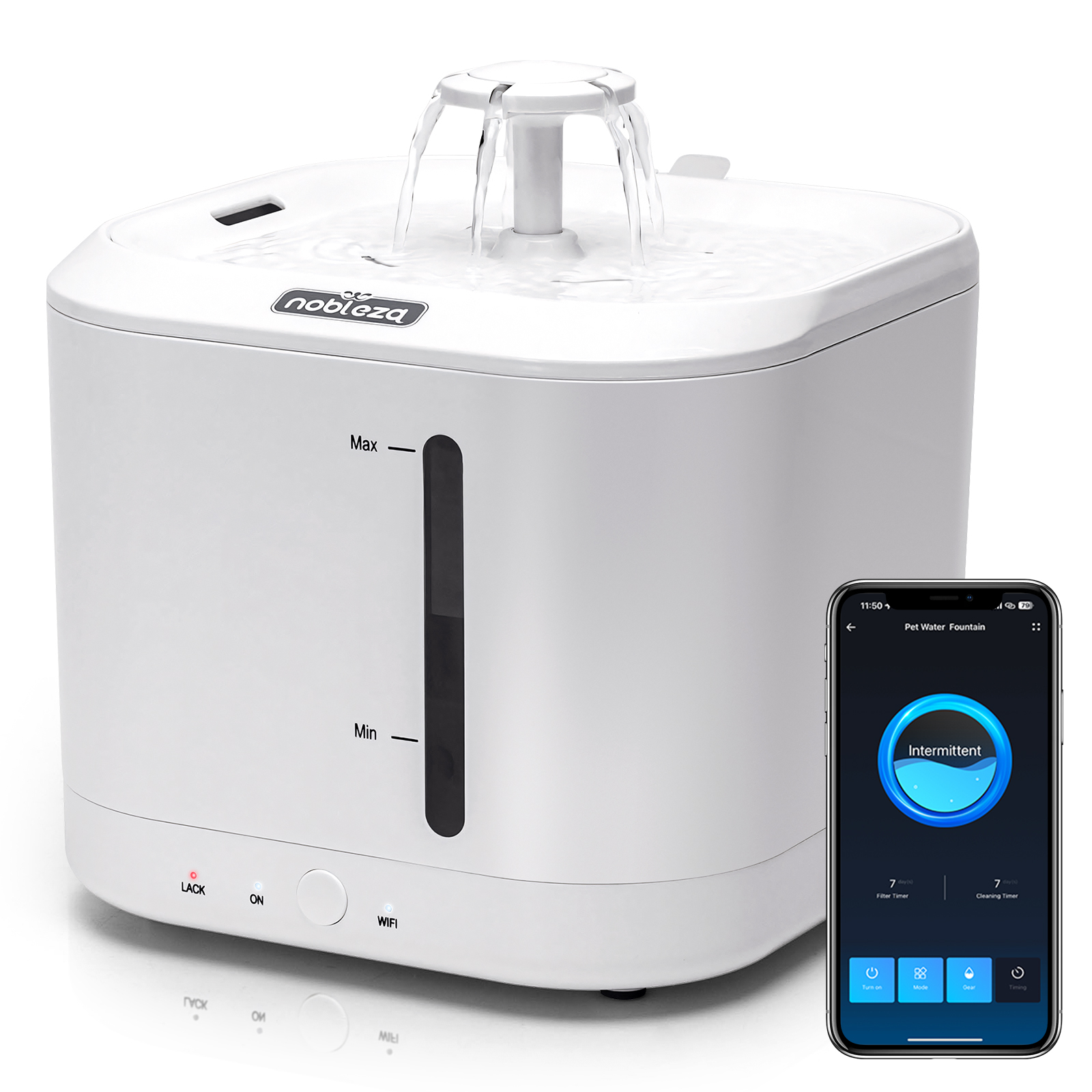 Fonte de água inteligente Nobleza - Bomba de água automática sem fio de 2 litros para cães e gatos, com temporizador e controle remoto por aplicativo, fonte de água para gatos com tripla filtragem, branca.