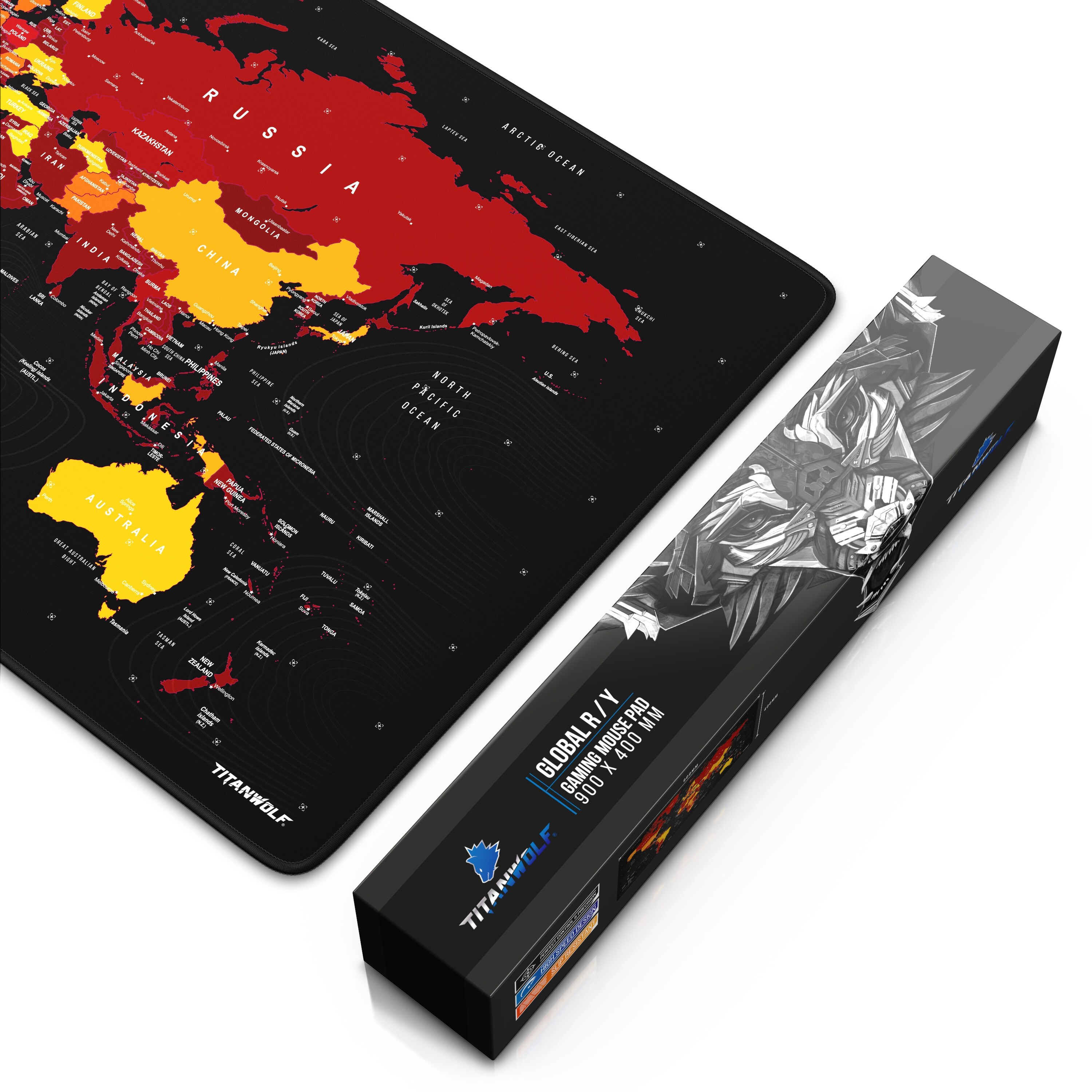 Titanwolf Gaming Mauspad XXL, glattes Stoffgewebe, Speed Mousepad 900 x 400mm große Fläche, Weltkarte rot