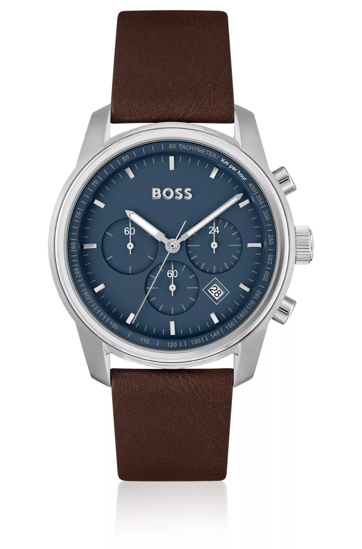 Relógio cronógrafo BOSS com mostrador preto e azul e pulseira de couro marrom.