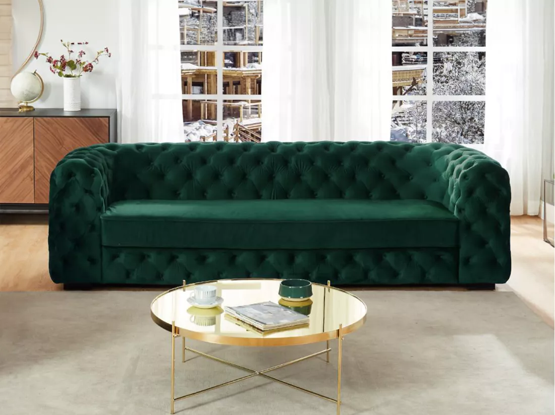Canapé 3 places chesterfield STANLEY - Velours vert sapin