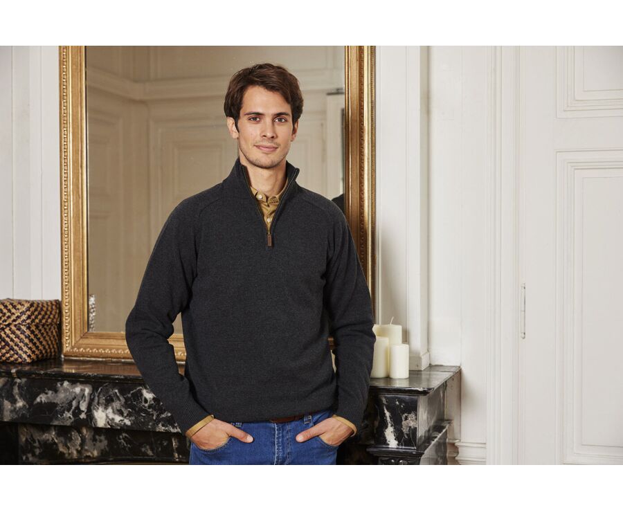 Pull homme laine col zippé Gris Anthracite Chiné - KENNETH