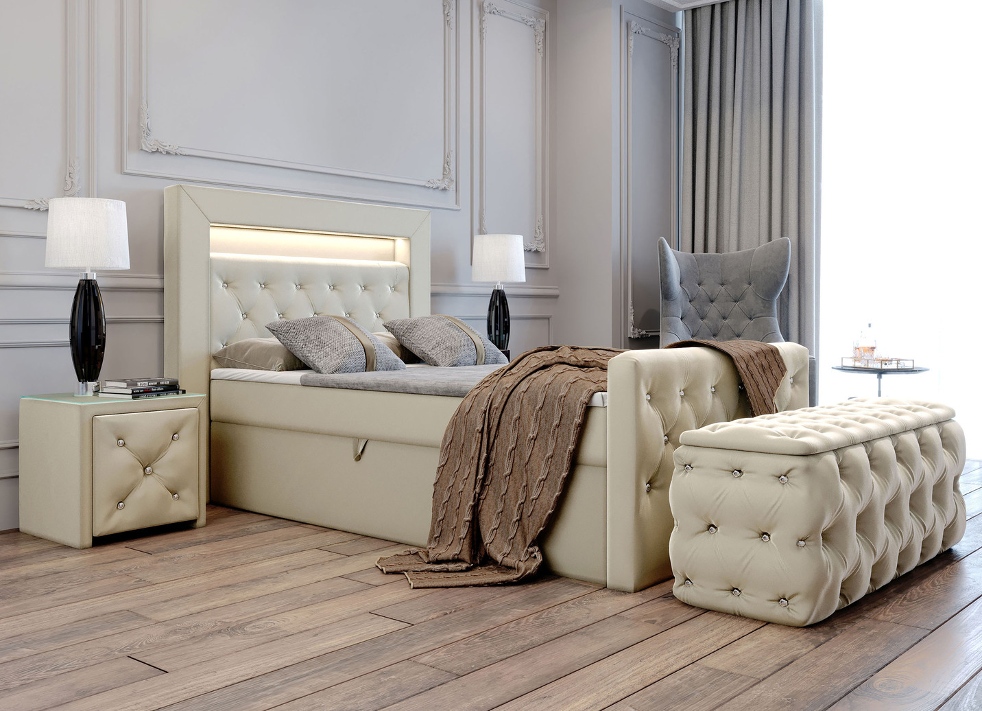 Boxspringbett mit LED-Beleuchtung, Topper und Nachttisch