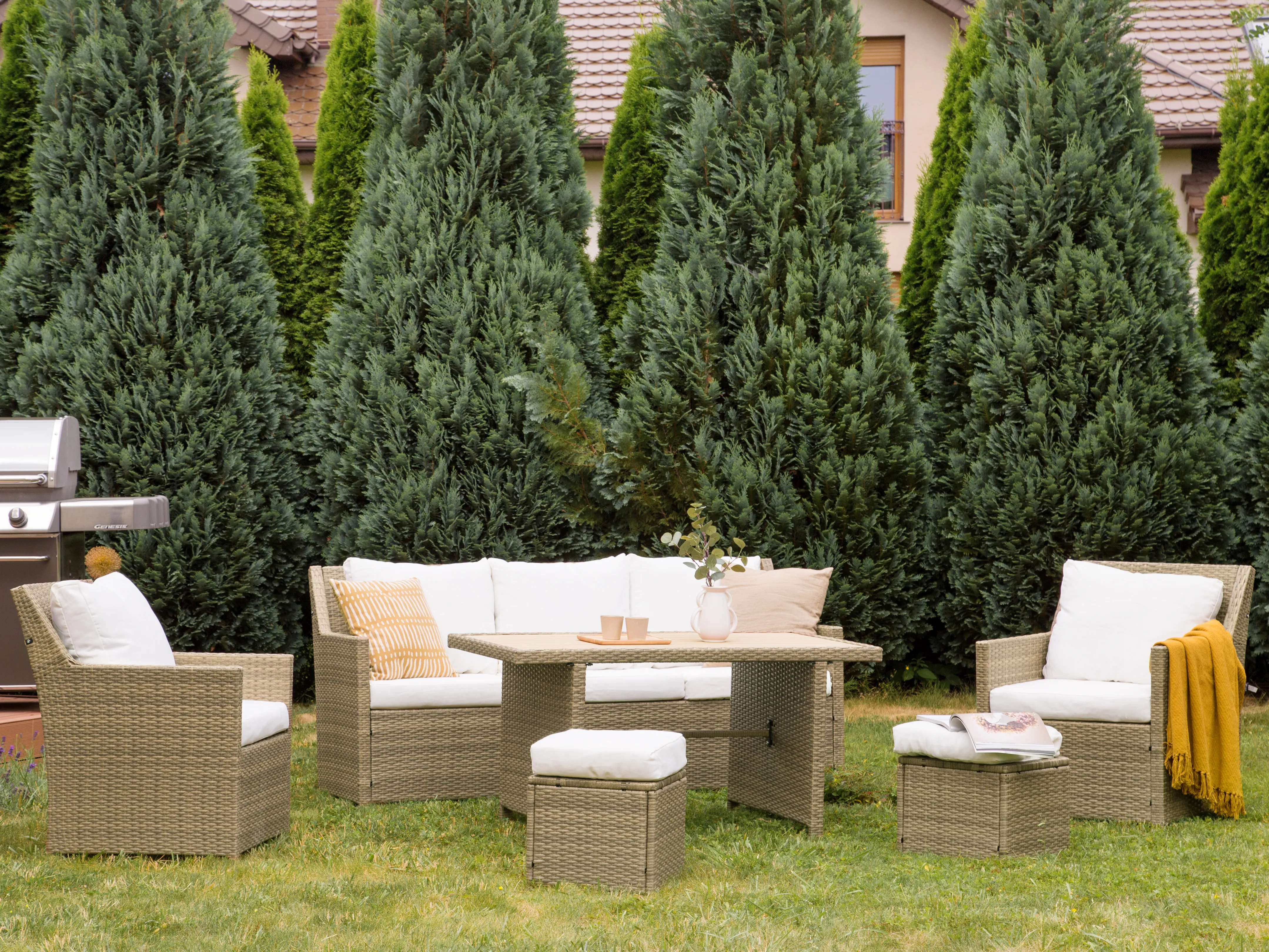 Loungeset met tafel en ottomaan 5-zits FONTI met kussens PE rotan Bruin
