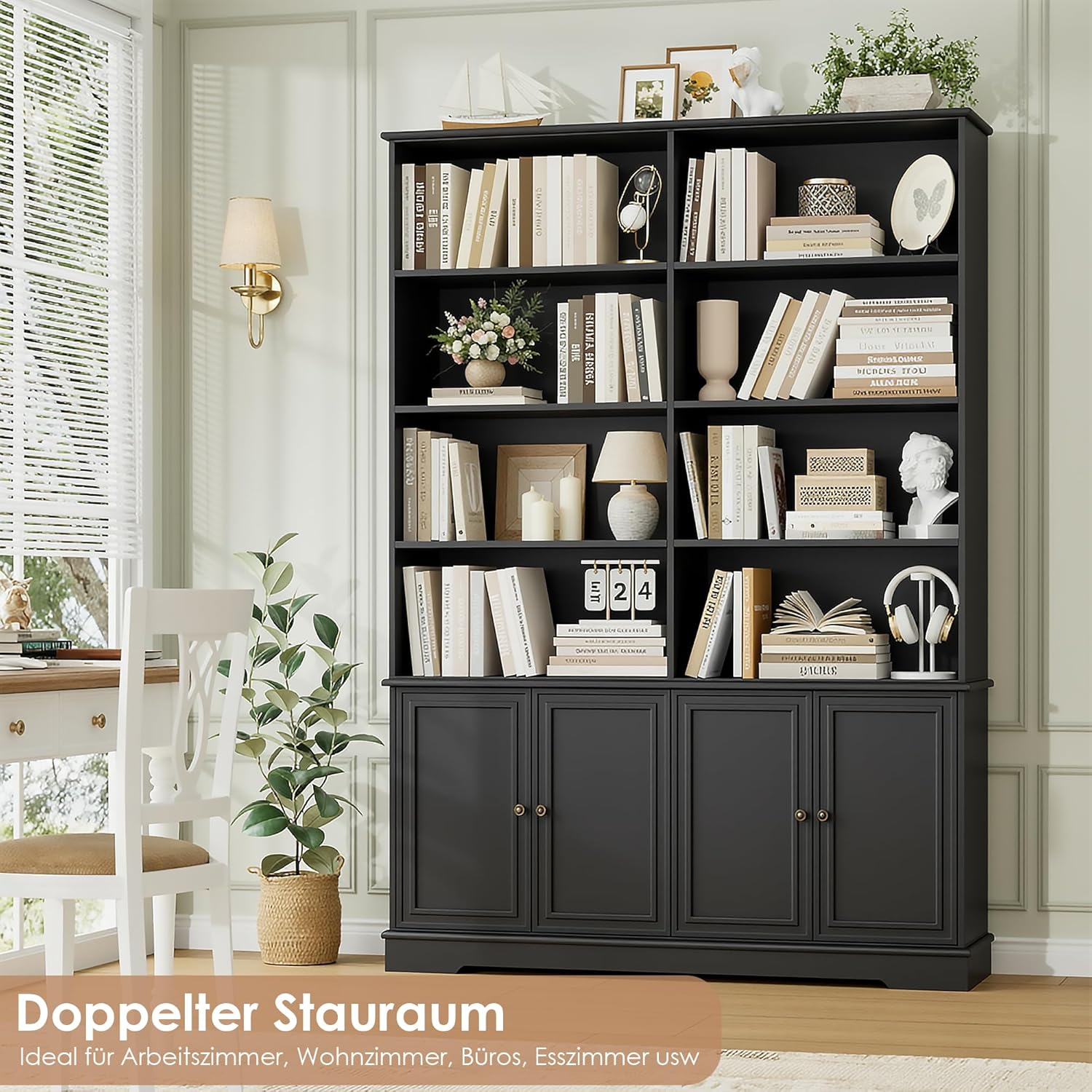 FirFurd 185cm Bücherregal mit Türen Bücherschrank mit 12 Fächern Vitrinenschrank aus Holz Hochschrank Regal mit Türen für Wohnzimmer Arbeitszimmer Büro Küche 185 x 27 x 120cm Schwarz