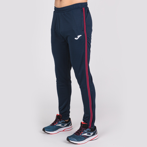 Calças compridas clássicas Joma, azul marinho e vermelho.