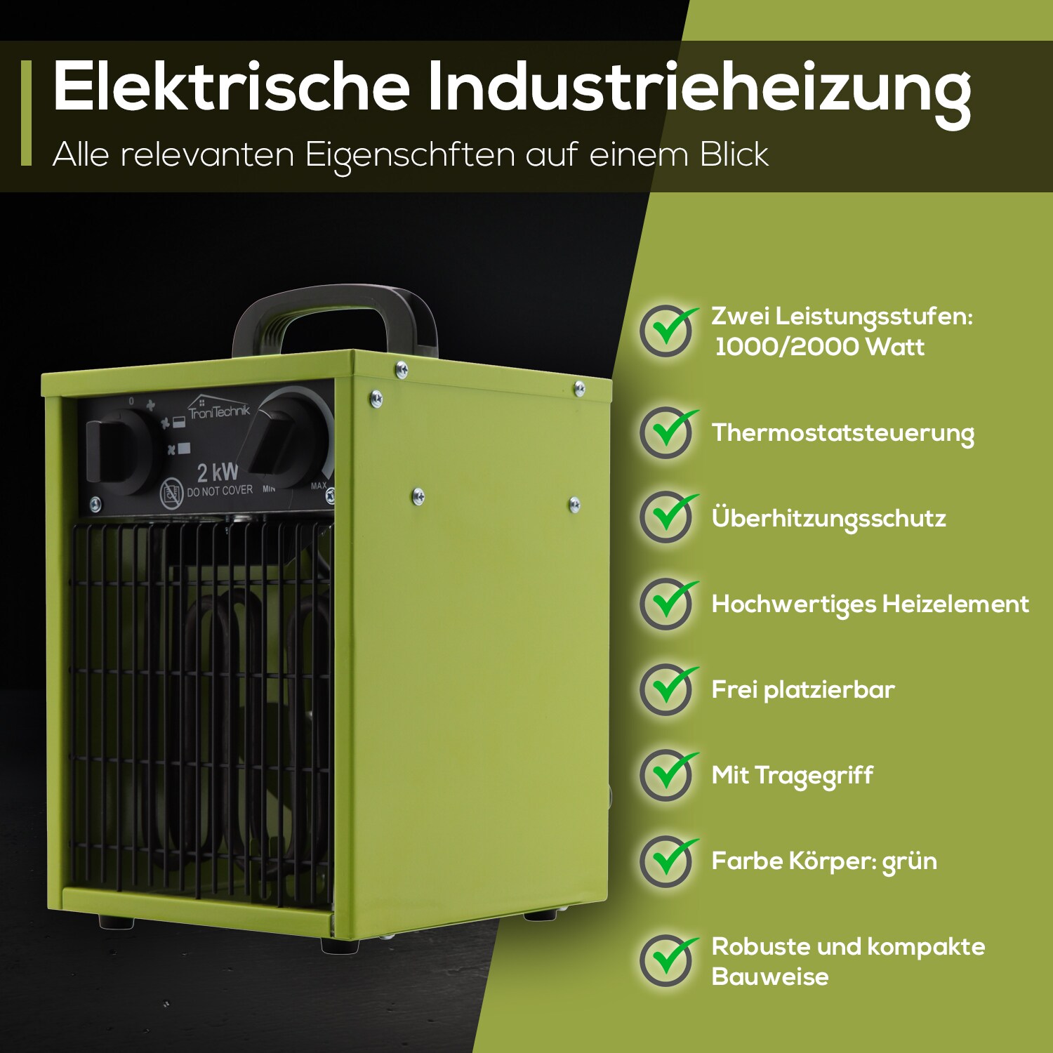 TroniTechnik® TT-EIH-152 Heizgerät Heizlüfter Heizung 2.000 Watt, Tragegriff, Stahl, stufenloses Thermostat, 2 Heizstufen