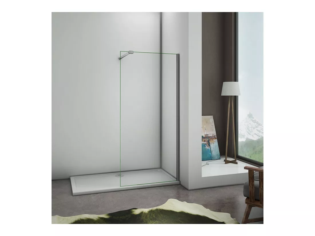 Paroi de douche à l'italienne 80x200cm avec barre de fixation 90cm avec grande pince - Chromé - Verre 8mm trempé transparent