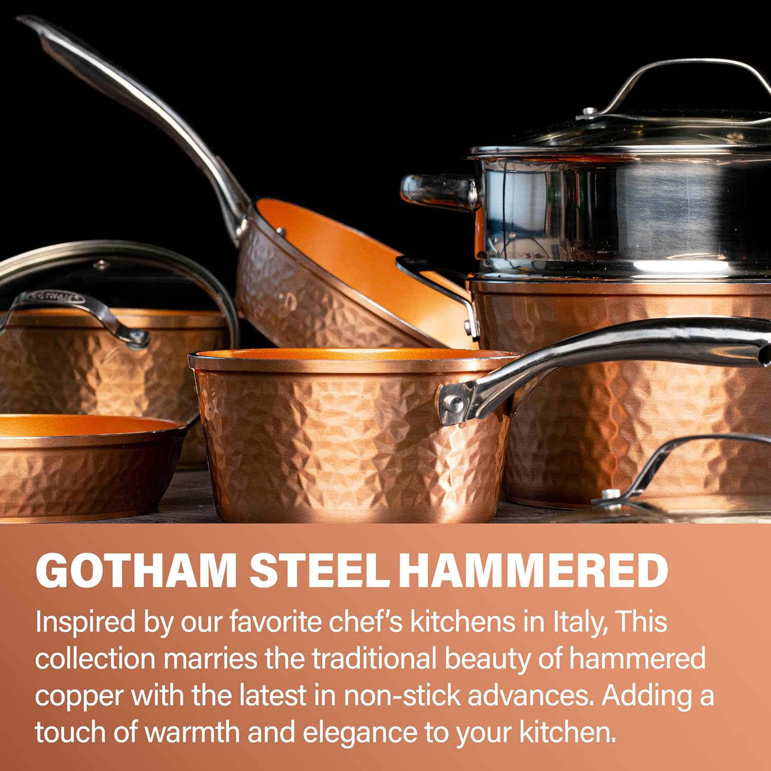 GOTHAM STEEL Gehämmertes 15-teiliges Kupfer-Topf- und Pfannenset, antihaftbeschichtet, Küchen-Kochgeschirr-Sets, Topf- und Pfannen-Set, Keramik-Kochgeschirr-Set, ungiftiges Kochgeschirr-Set,