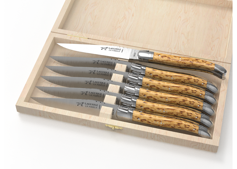 Service de 6 couteaux Laguiole avec un manche en bois de bouleau et mitres en acier inoxydable