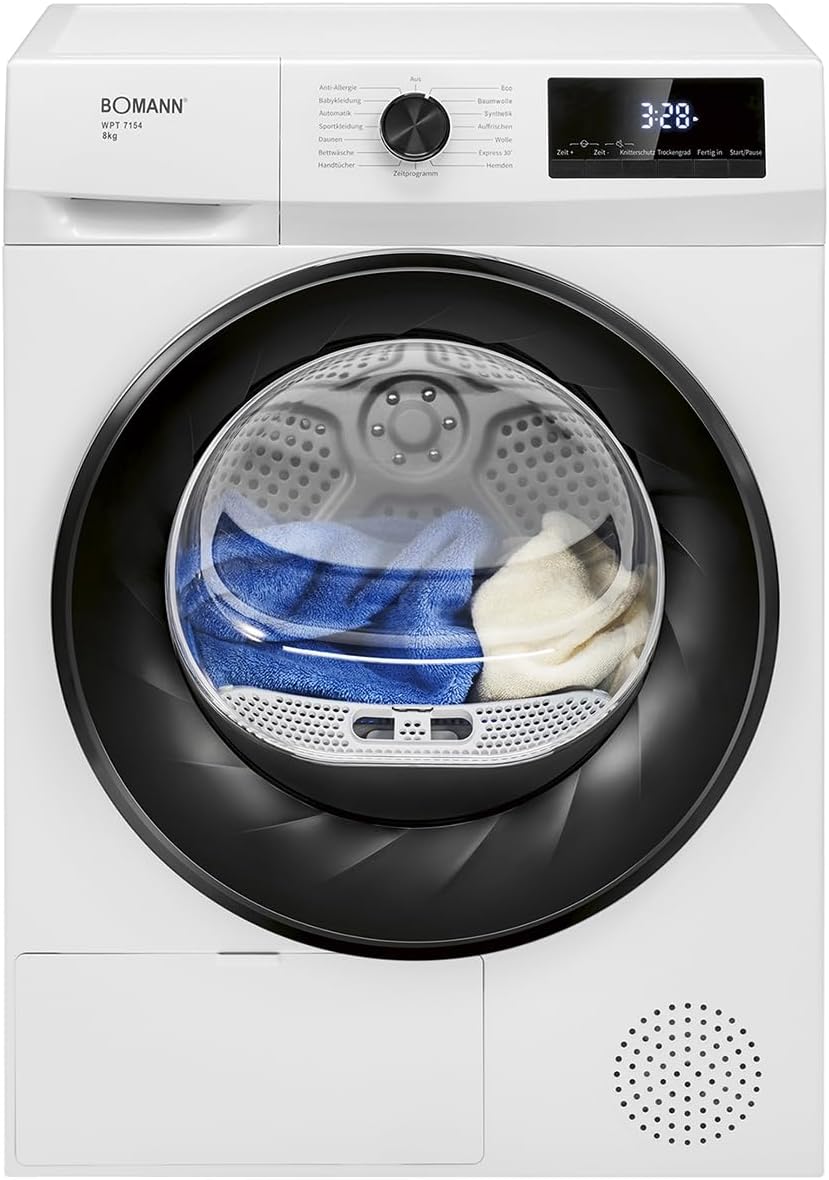 Bomann® Wärmepumpentrockner 8kg | kein Wasseranschluss nötig | Trockner m. Antiknitterfunktion | Wäschetrockner 15 Programme | Kondenstrockner | umweltfreundliches Kühlmittel R290 | WPT 7154 weiß