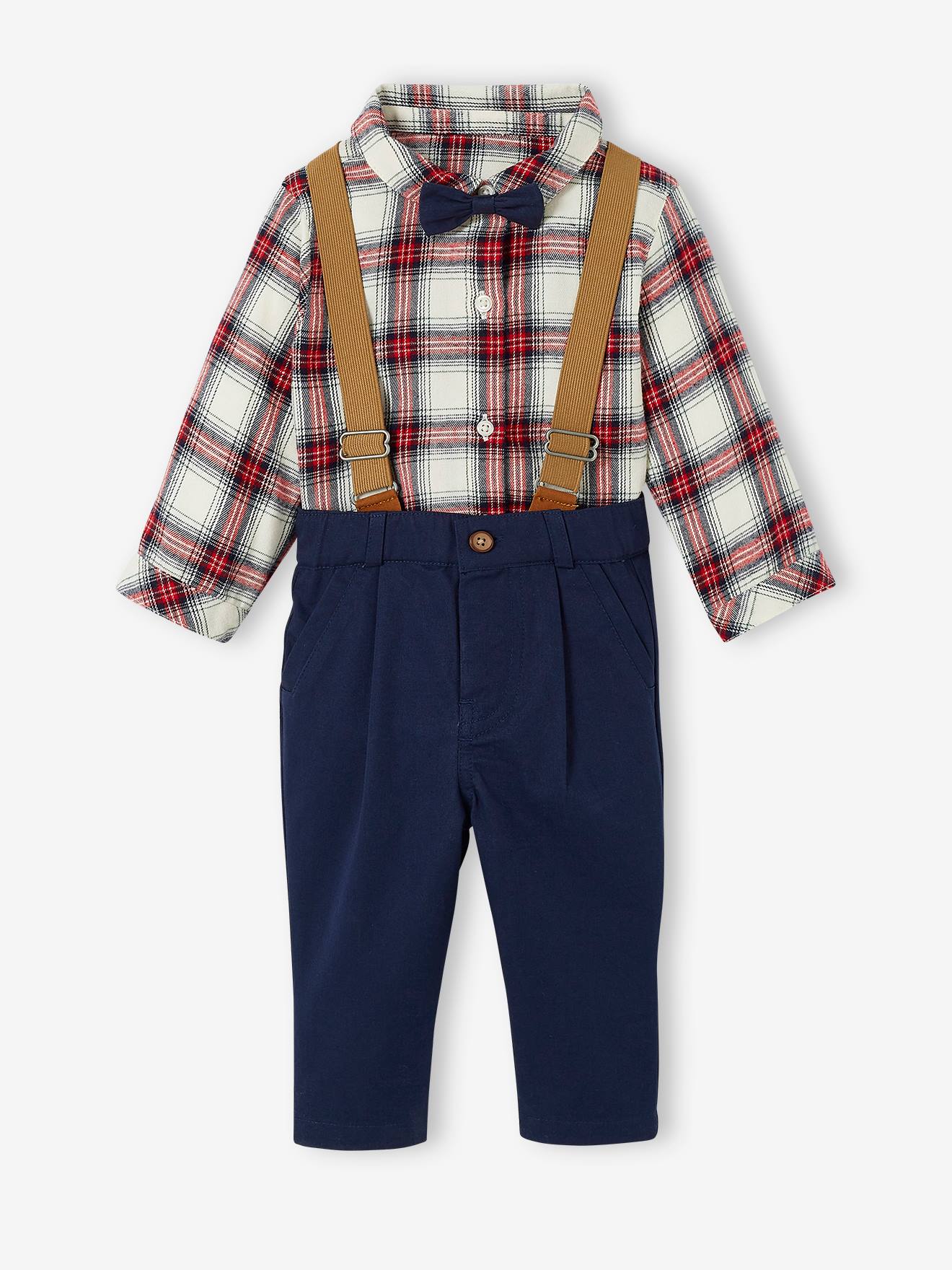 Conjunto para bebê: camisa + calça com suspensórios + gravata borboleta (cor natural)