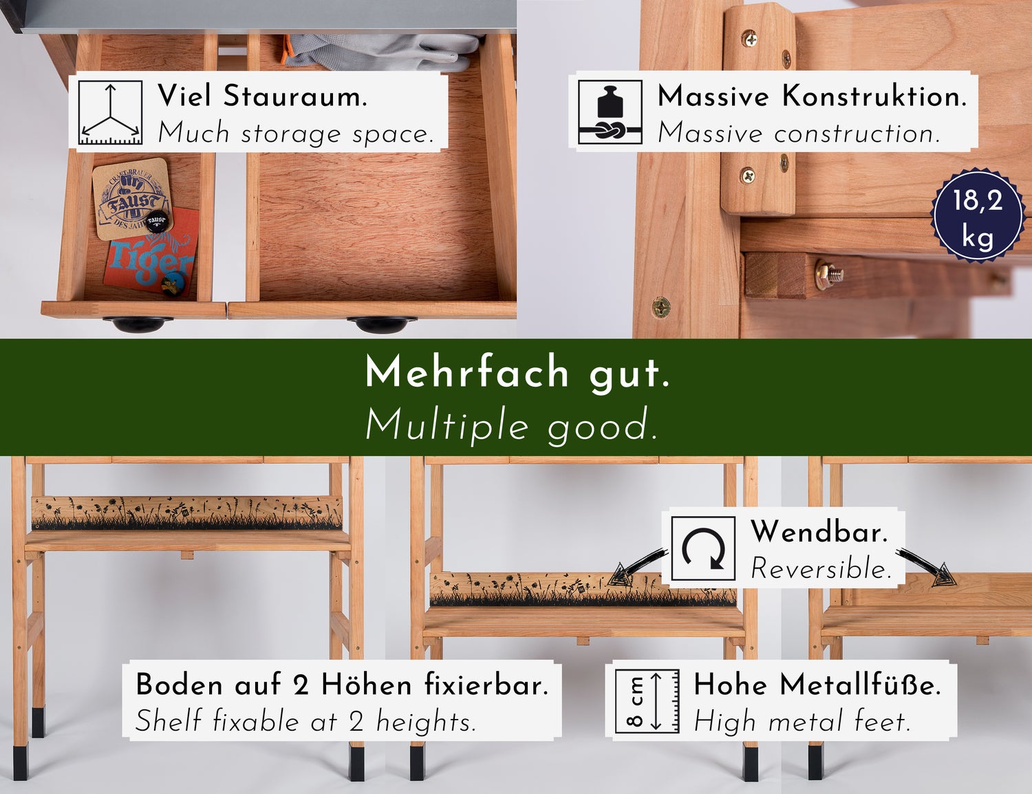 WONDERMAKE - Premium kersenhouten pottentafel met laden, weerbestendig, XL tuinwerktafel voor buiten op balkons, hoogwaardige tuintafel, donkerbruin/zwart