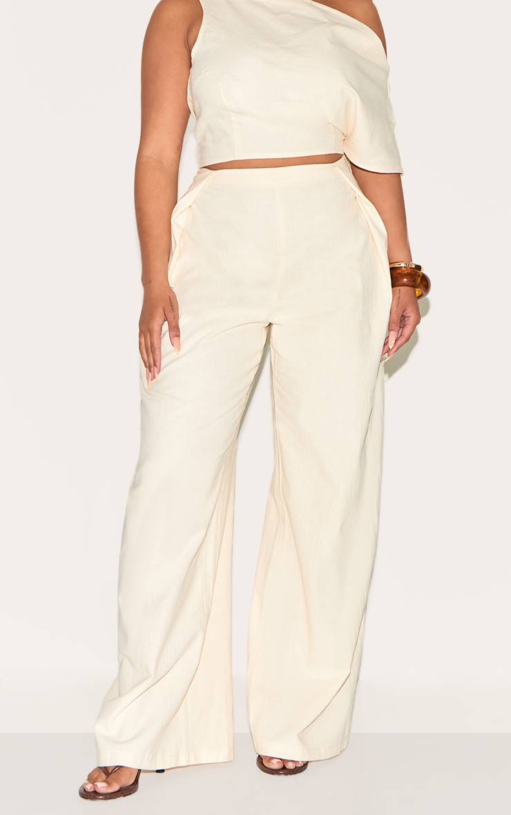 Crème Pantalon Large Plissé Taille Haute Aspect Lin Ensemble Coordonné Shape