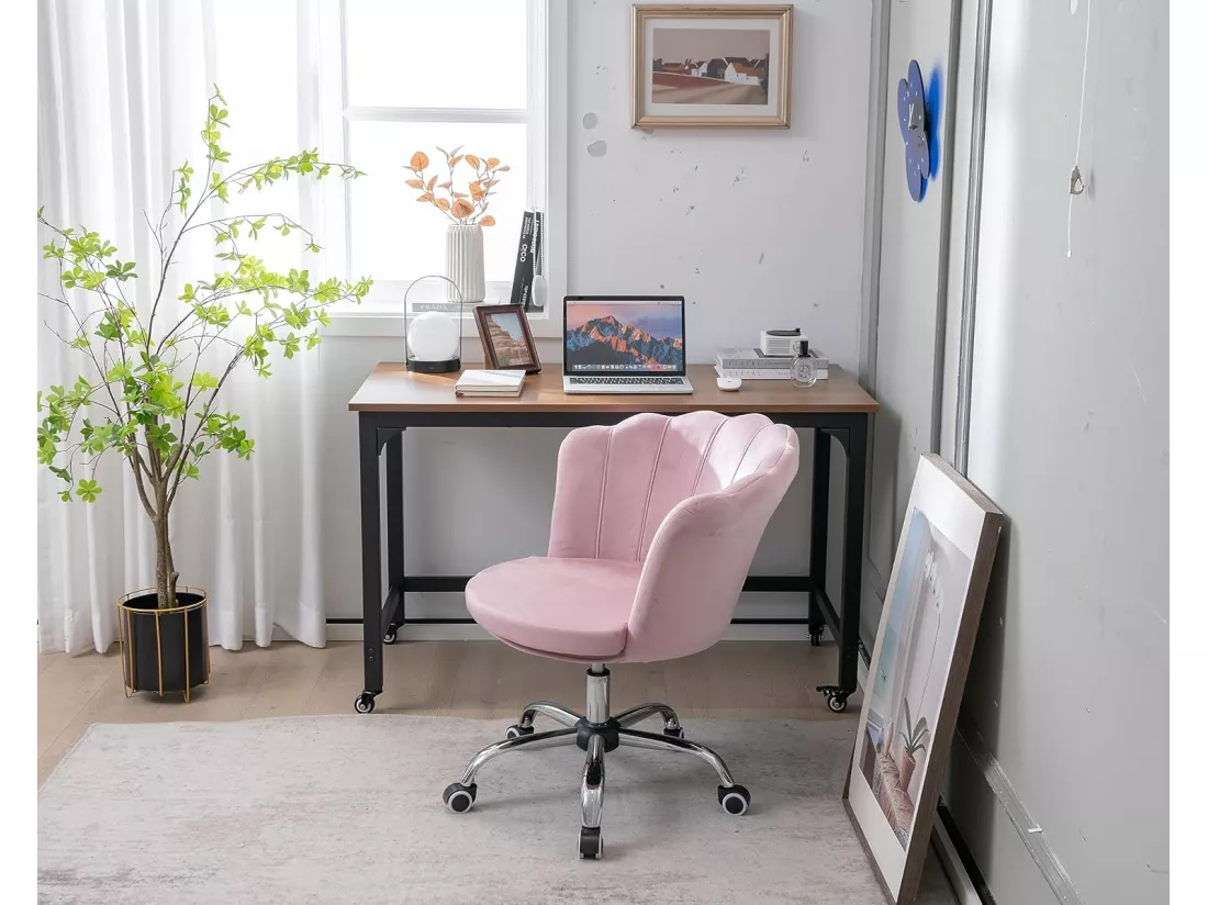 Fauteuil de Bureau en Velours avec 5 Roues Universelles, Chaise de Coiffeuse avec Hauteur Réglable, Chaise Salon Rembourrée Pivotante, Forme de Coquillage, pour Salon, Chambre, Bureau (Rose)
