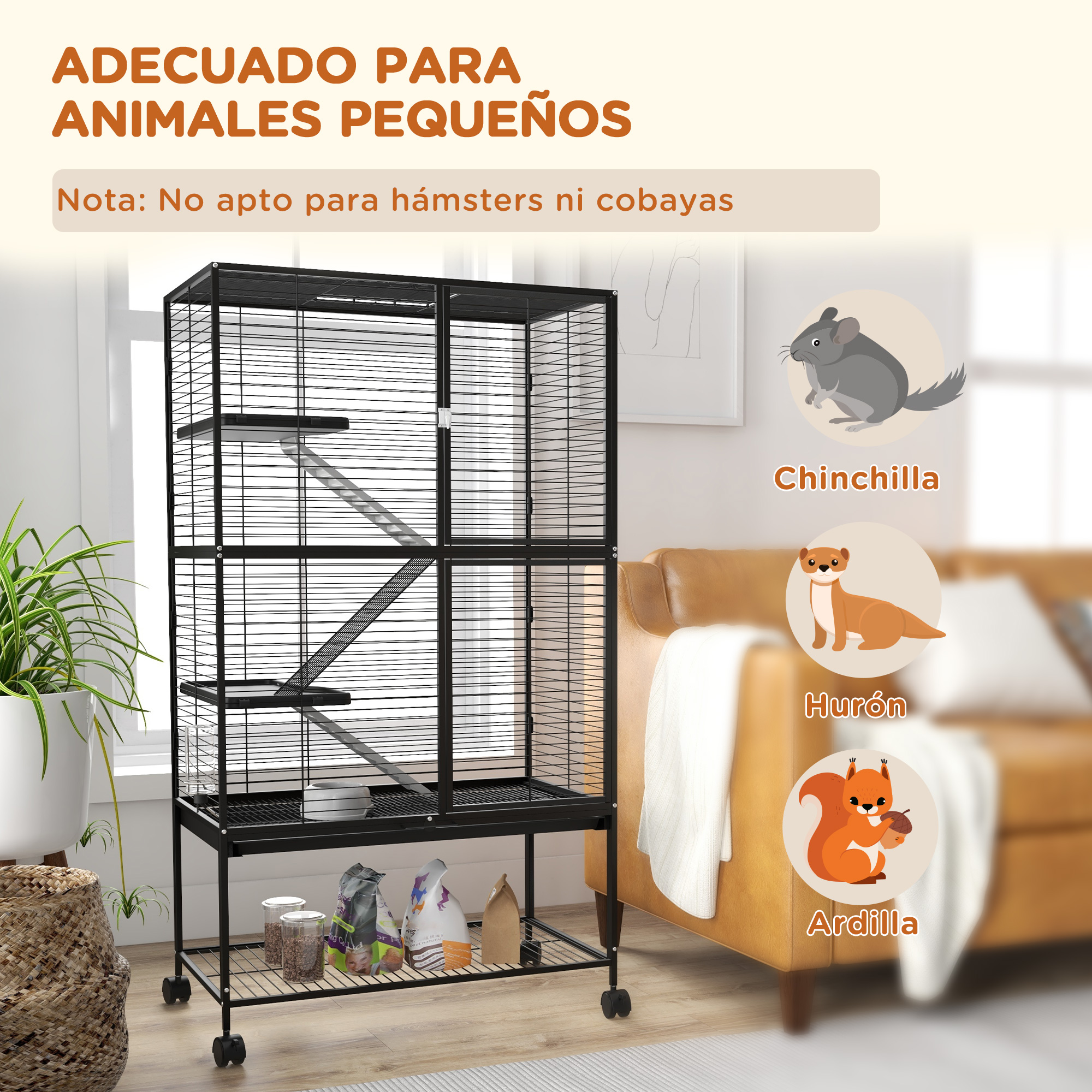 Gaiola PawHut de 4 Níveis para Pequenos Animais, Cercado com Rodas, Rampa, Bebedouro, Garrafa de Água e Bandeja Removível, Ideal para Coelhos, Chinchilas e Furões, 78x45,5x136 cm, Preta