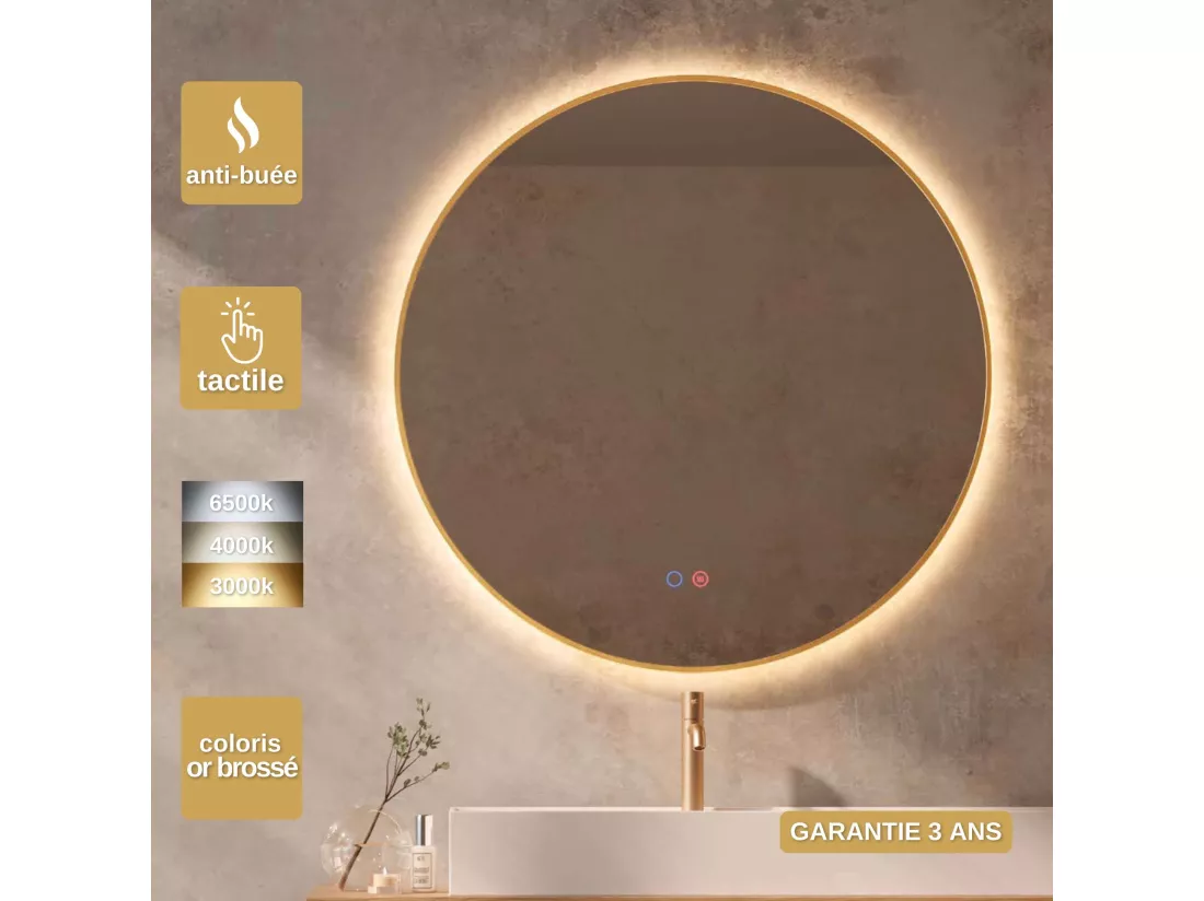 Miroir Salle de Bain FUN Ø60cm - Or Brossé - Rétro-éclairage T° Led Variable - Tactiles On/Off & Anti-Buée - LEDIMEX