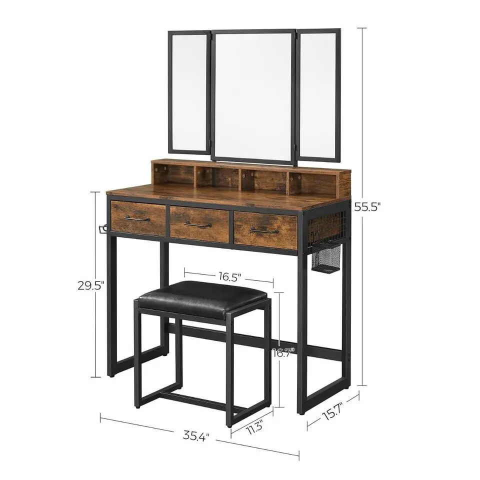 Parya Home Vintage Kaptafel met 3-delige met klapspiegel