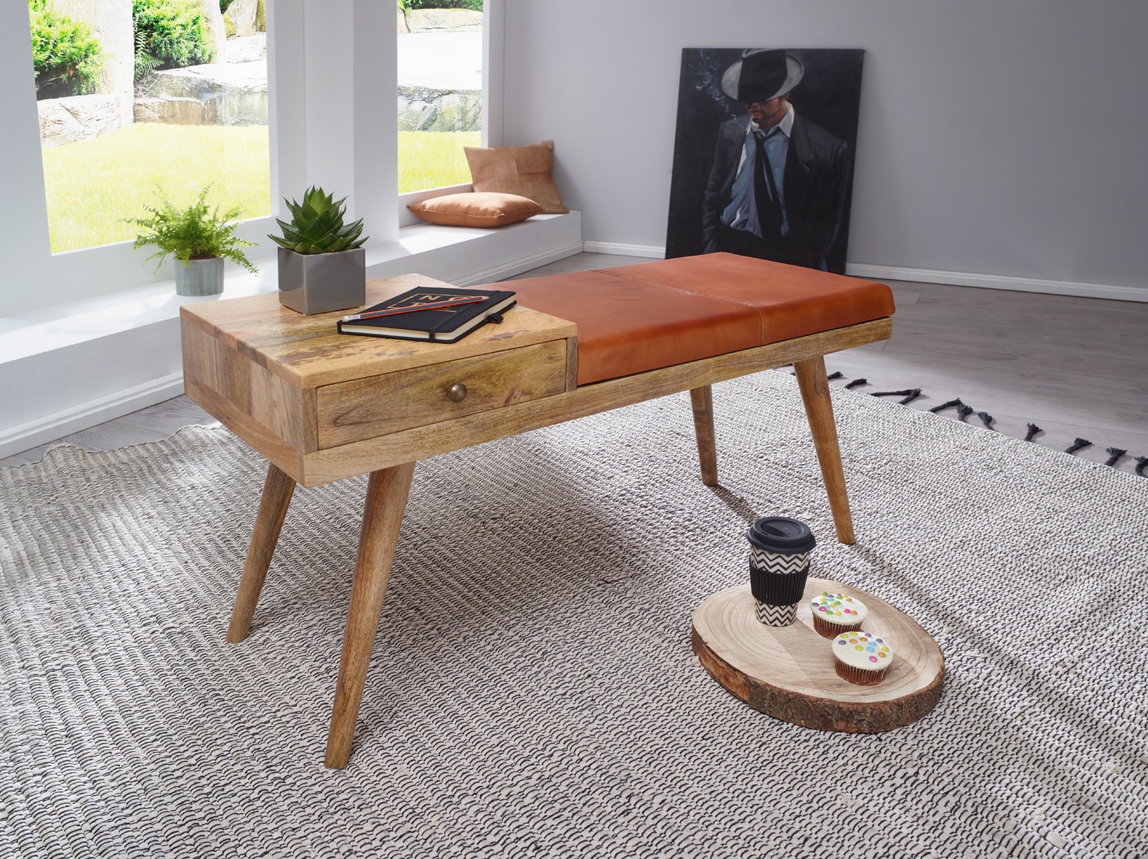 KADIMA DESIGN Retro-Stil Sitzbank: Stauraum, Ziegenleder-Bezug, 100x52x38 cm, Schublade, Anti-Rutsch-Noppen.