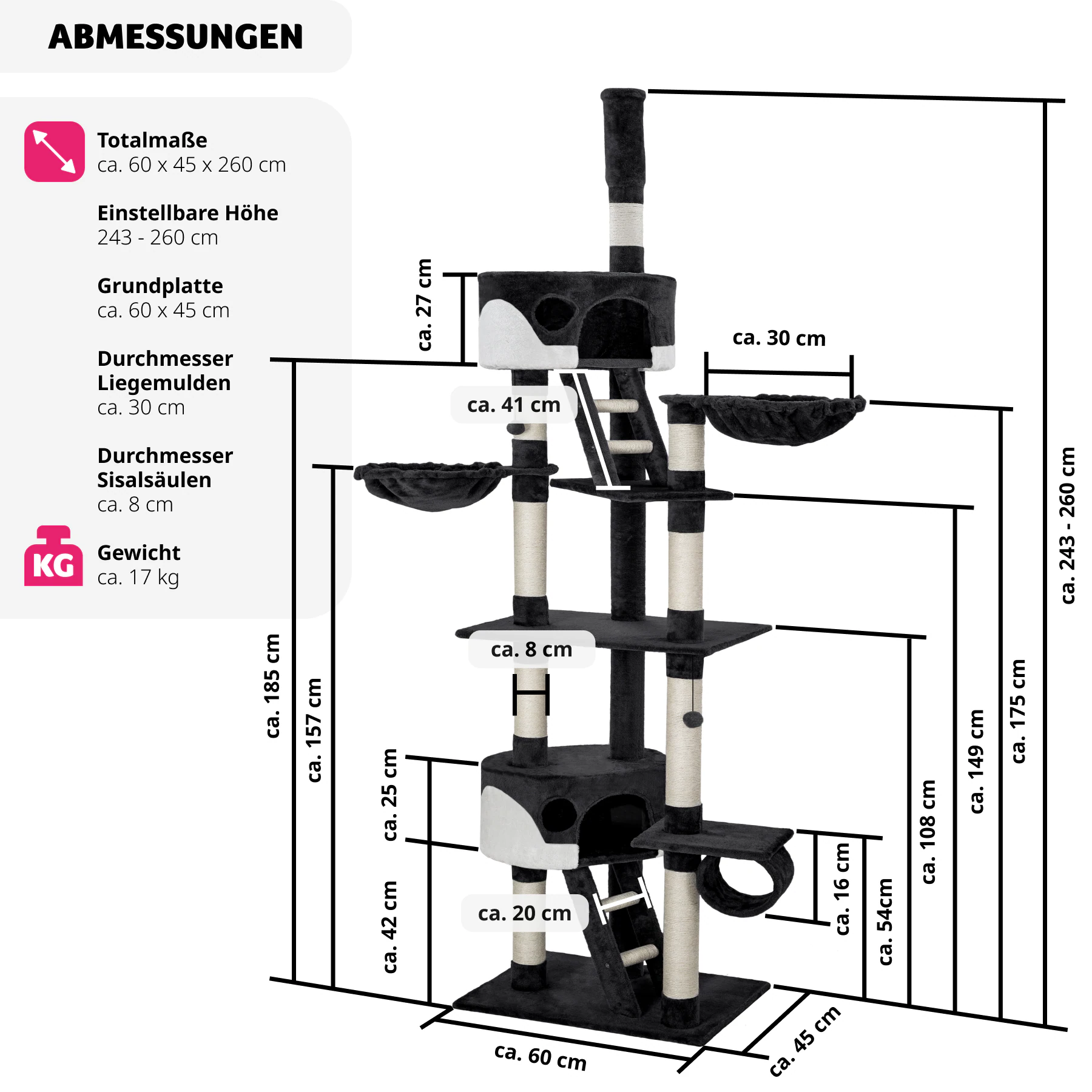 tectake® Kratzbaum, 243 bis 260 cm, mit 2 Katzenhäusern, inklusive 2 Treppen, 2 Spielbällen, Deckenspanner und Kippschutz