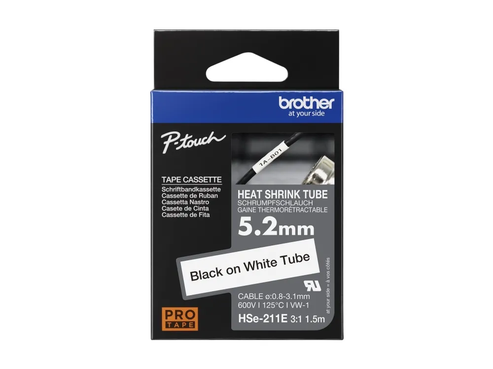 Brother HSe-211E - Sort på hvid - Rulle (0,52 cm x 1,5 m) 1 kassette(r) hængekasse - varmekrymperørtape - for P-Touch PT-D800, PT-E300, PT-E310, PT-E550, PT-P700, PT-P750, PT-P900, PT-P950