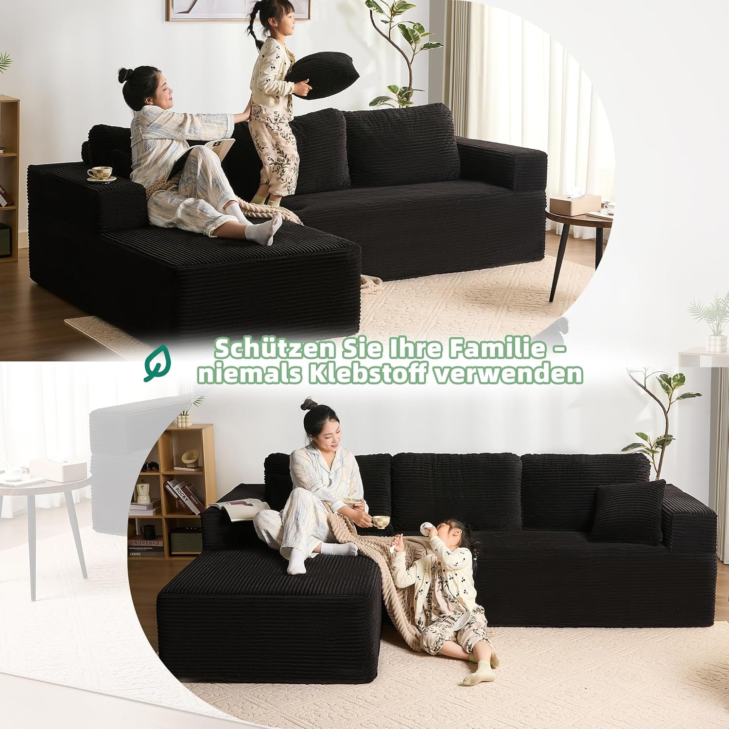 Modulares L-förmiges Ecksofa mit Schlaffunktion – rahmenloses Schlafsofa mit Chaiselongue Links, extra tiefer Sitzfläche, montagefrei, für Wohnzimmer,Schwarz