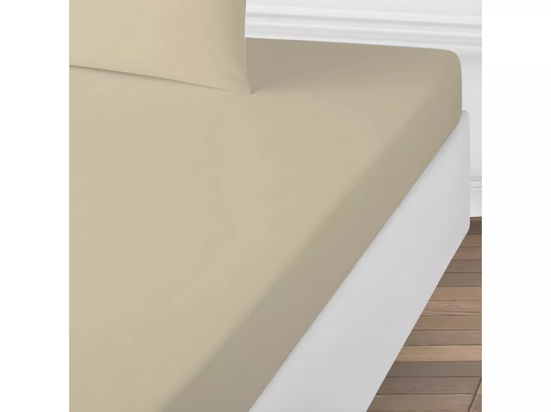 Drap housse uni en coton 57 fils beige 160x200cm